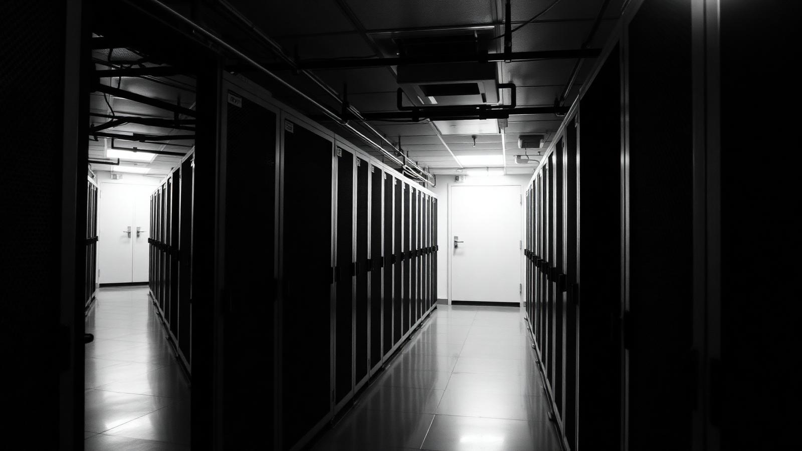 Pasillo de un centro de datos con racks de servidores en penumbra
